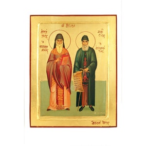 Saints Paisios and Arsenios Handmade Icon Golden Leaves Plated
