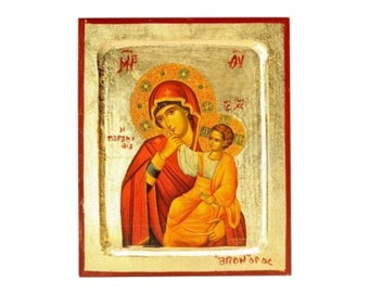 Virgin Mary Paramythia Handmade Icon Golden Leaves Plated