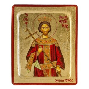 May include: A hand-painted icon of a Byzantine emperor holding a cross. The icon is on a gold background with a red frame. The text on the icon reads "ΚΩΝ/ΣΤΑΝ/ΤΙΝ/ΟΣ" and "ΒΑΣΙΛΕΥΣ".