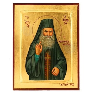 Saint Ephraim Katounakiotis Handmade Icon Golden Leaves Plated