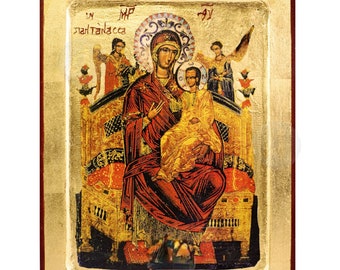 Virgin Mary Pantanassa Handmade Icon Golden Leaves Plated