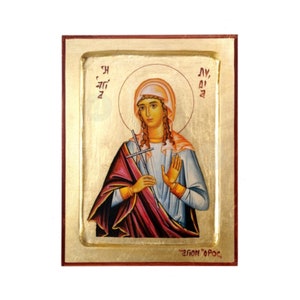 Saint Lydia the Martyr Handmade Icon Golden Leaves Plated