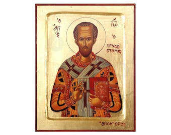 Saint John Chrysostom Handmade Icon Golden Leaves Plated