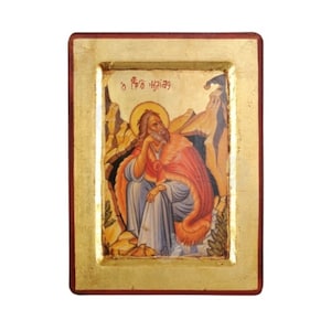Elias the Prophet Handmade Icon Golden Leaves Plated