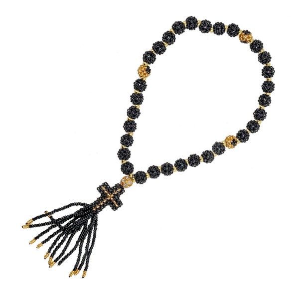 Handmade Orthodox Prayer Rope 33 Knots with Black-Gold Beads