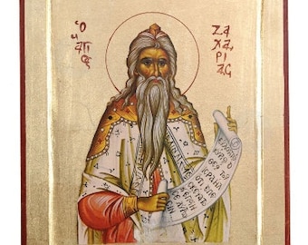 Icono de San Zacarías Profeta hecho a mano con hojas doradas plateadas