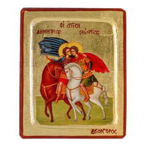 Ícone feito à mão de Saints Demetrius & George com folhas douradas banhadas