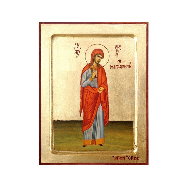 Saint Mary Magdalene Handmade Icon Golden Leaves Plated