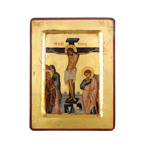 The Crucifixion of Jesus Christ Handmade Icon Golden Leaves Plated