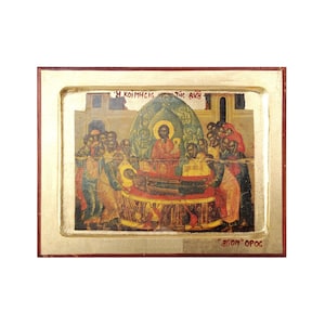 The Dormition of Virgin Mary Handmade Icon Golden Leaves Plated