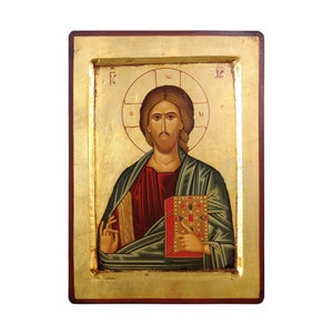 Jesus Christ Pantocrator Handmade Icon Golden Leaves Plated