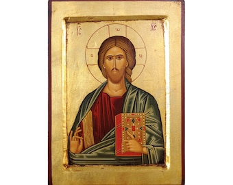 Jesus Christ Pantocrator Handmade Icon Golden Leaves Plated