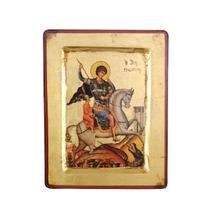Saint George Horseback Handmade Icon Golden Leaves Plated