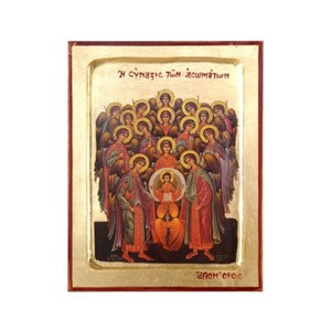 Puede incluir: Un icono religioso que representa a un grupo de ángeles que rodean a una figura central. El icono está pintado en un estilo tradicional con colores vibrantes y detalles dorados. El texto en la parte superior dice "Η συνάξις των ασωμάτων" y el texto en la parte inferior dice "απόη οφσε".
