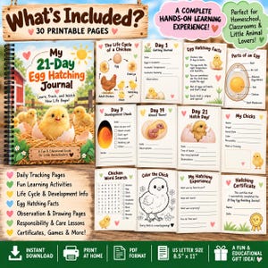 Diario de incubación de huevos de 21 días para niños / Registro de incubadora, seguimiento de ovoscopia (PDF)