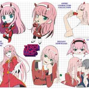 May include: A digital download of layered SVG files featuring a pink-haired anime character in various poses. The character is known as Zero Two from the anime series Darling in the Franxx. The files are easy to cut, engrave, and print.