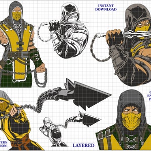 Może przedstawiać: Cyfrowa kolekcja ilustracji postaci Skorpiona z Mortal Kombat w różnych pozach, w tym ujęcia całej sylwetki i zbliżenia z łańcuchami oraz ostrzami kunai. Grafiki zawierają napisy INSTANT DOWNLOAD, EASY CUTTING ENGRAVING PRINTING, GAME CHARACTERS COLLECTION oraz LAYERED.