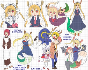 Op de afbeelding: Een verzameling anime-karakterillustraties. De personages worden in verschillende poses afgebeeld, gekleed in dienstmeisjesoutfits, jurken en draakachtige kenmerken. De afbeelding bevat de tekst "Instant Download", "Anime Characters Collection", "Layered" en "Easy Cutting Engraving Printing".