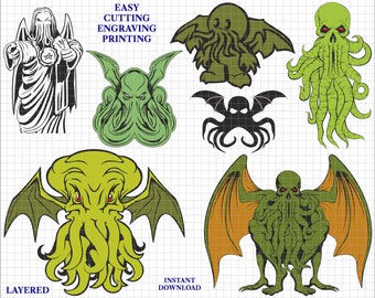 May include: A set of eight digital cut files featuring various depictions of Cthulhu, a fictional cosmic entity from the works of H.P. Lovecraft. The designs include a black and white illustration of Cthulhu with a beard and a halo, a green Cthulhu with tentacles and wings, a green Cthulhu with a skull-like face and tentacles, a black Cthulhu with tentacles and wings, a green Cthulhu with a skull-like face and tentacles, a green Cthulhu with a skull-like face and tentacles, a green Cthulhu with a skull-like face and tentacles, and a green Cthulhu with a skull-like face and tentacles. The text "EASY CUTTING ENGRAVING PRINTING" is at the top of the image. The text "LAYERED" is at the bottom left of the image. The text "INSTANT DOWNLOAD" is at the bottom right of the image.