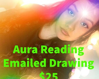 May include: A woman with long dark hair is shown in a colorful, blurred background. The text "Psychic Medium Locana" is at the top of the image. The text "Aura Reading - Emailed Drawing $25" is in green letters in the center of the image.