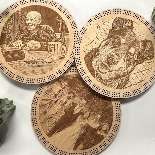 Laser Engraved Cribbage Board | 100% Customizable with images, text and approved logos - 10" Circle | 3-player 1 time around | Steel pegs