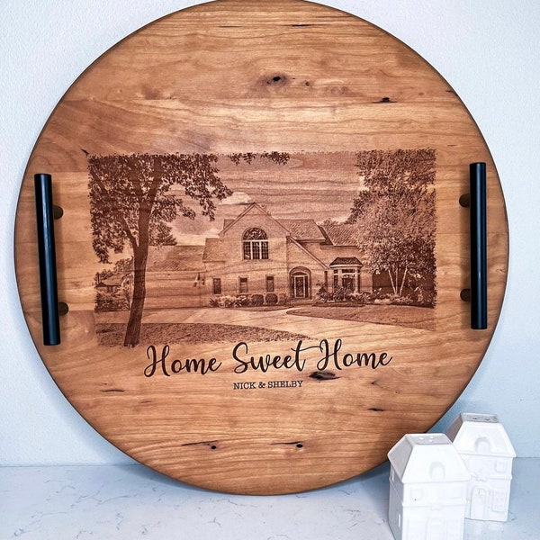 Customizable Ottoman Tray - Personalize with Laser engraved image and text - Cherry Wood with Handles - Unique Realtor Closing gift idea