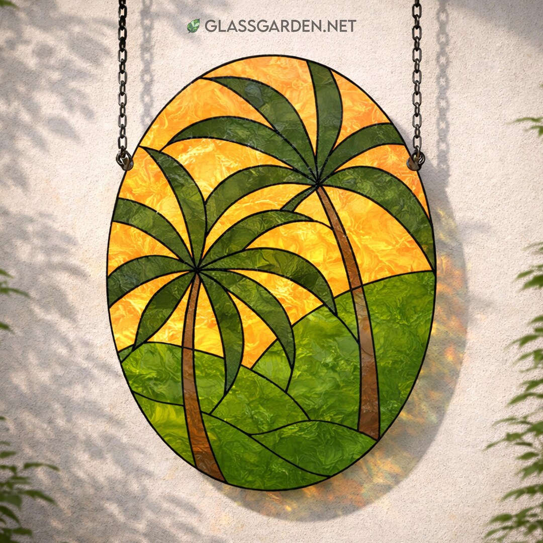 Palm Tree Stained Glass Pattern – Tropical Sunset Suncatcher Design ...