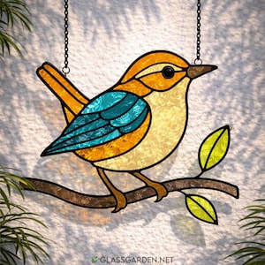 Songbird Stained Glass Pattern – Perched Bird on Branch, DIY Window Art (PDF Download) | Spring & Easter