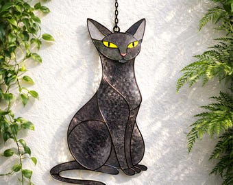 Schwarze Katze Glasmalerei-Muster - Elegante sitzende Katze PDF-Vorlage für DIY-Glaskunst, sofortiger digitaler Download