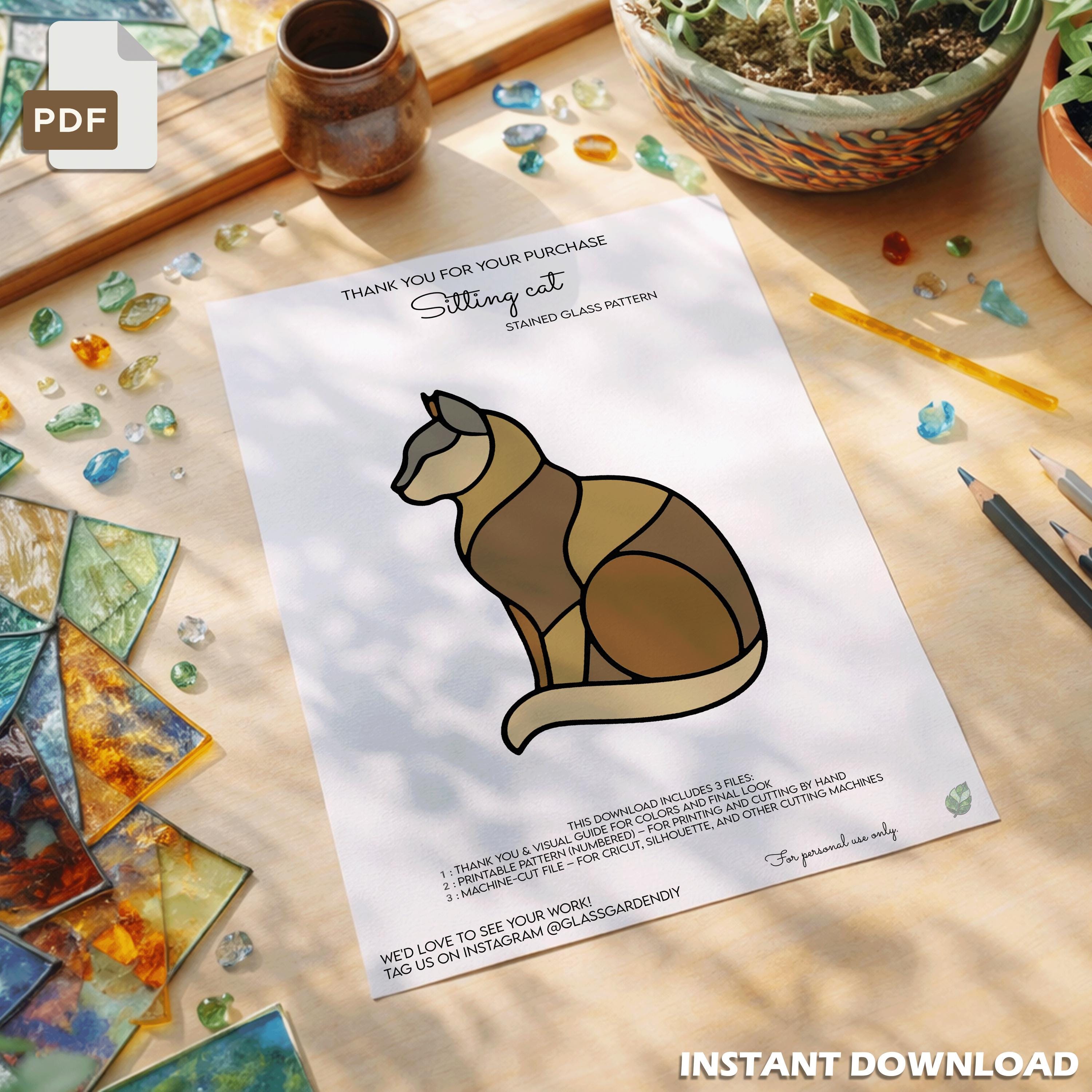 Sitting Cat Stained Glass Pattern PDF – Elegant Minimalist Pet Panel ...