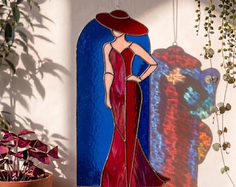 Elegant Woman in Red Dress Stained Glass Pattern | Fashion Silhouette Window Panel | Digital PDF Download