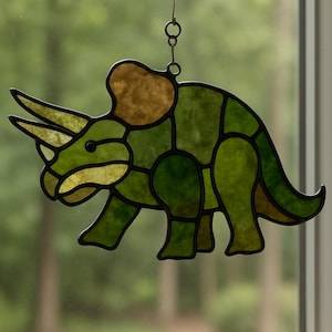 Triceratops Dinosaur Stained Glass Pattern – Prehistoric Suncatcher PDF for DIY Glass Art