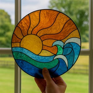 Sun and Ocean Waves Stained Glass Pattern – Round Suncatcher Design PDF for DIY Glass Art