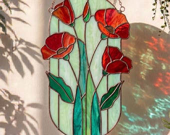 Poppy Flower Stained Glass Pattern – Floral Window Panel Suncatcher | PDF Template