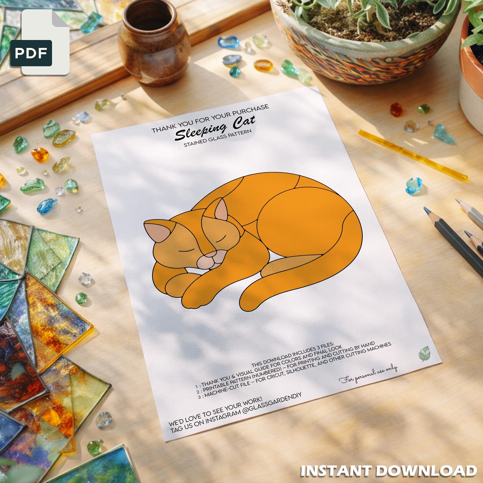 Sleeping Cat Stained Glass Pattern – Curled Kitty Suncatcher (PDF) - Etsy