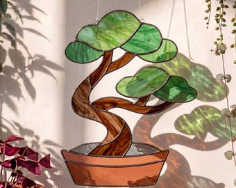 Bonsai Tree Stained Glass Pattern – Zen Nature Window Art (Digital Download)