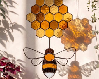 Bienen- & Honigwaben-Buntglasmuster - Honigbienen-Sonnenfänger-Design | Natur Fenster PDF Vorlage