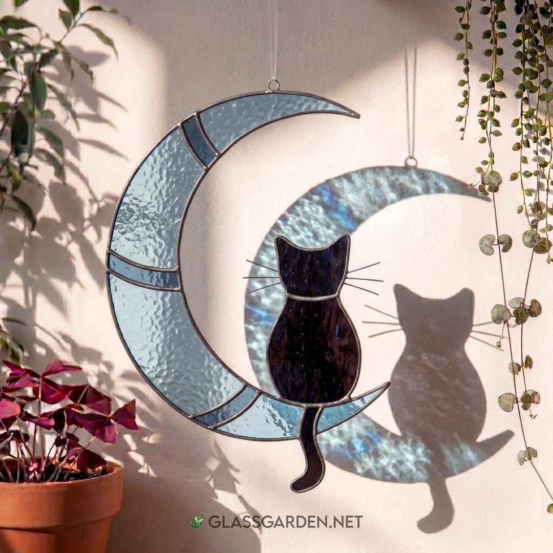 Cat on Moon Stained Glass Pattern – Whimsical DIY Panel (PDF Download ...