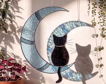 Cat on Moon Stained Glass Pattern – Whimsical DIY Panel (PDF Download)