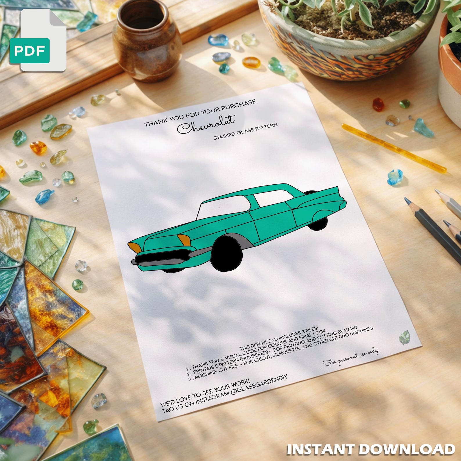 Teal Classic Car Stained Glass Pattern – Digital PDF Template for ...