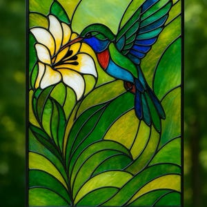 Hummingbird and Lily Stained Glass Pattern PDF – Elegant Floral Panel Design | Digital Download for Window Art