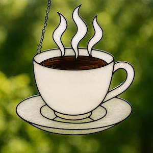 Coffee Cup Stained Glass Pattern PDF – Steaming Mug Panel Template | Digital Download for DIY Kitchen Suncatcher