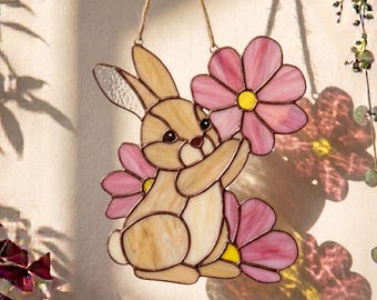 Bunny with Flowers Stained Glass Pattern – Digital PDF Download