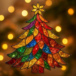 Op de afbeelding: Een gebrandschilderde kerstboomdecoratie. De boom is samengesteld uit kleurrijke glazen stukken in tinten rood, oranje, geel, groen, blauw en paars. Een gouden ster bekroont de boom. De boom heeft een bruine basis en een vage achtergrond.