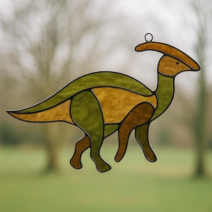 Parasaurolophus Dinosaur Stained Glass Pattern – Unique Prehistoric Suncatcher PDF for DIY Glass Art