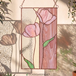 Diseño de vidrieras de amapolas – Plantilla PDF moderna para panel de ventana floral / Decoración minimalista para ventanas con diseño de atrapasoles florales