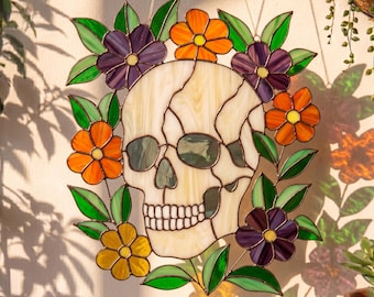 Floral Skull Stained Glass Pattern – Gothic Panel Template (PDF Download)
