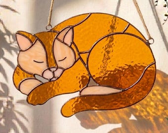 Sleeping Cat Stained Glass Pattern – Curled Kitty Suncatcher (PDF)