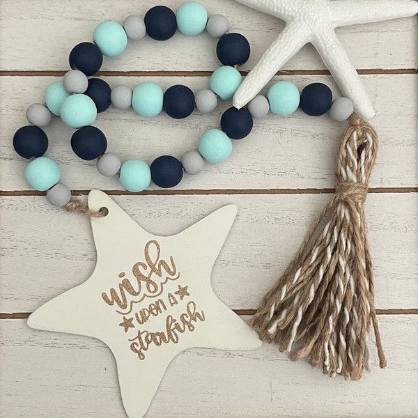 Starfish wood bead garland, Beach décor, Coastal décor, Tiered tray décor, Wood bead garland
