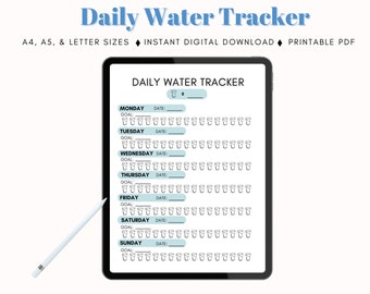 Water Intake Tracker, Daily Tracker, Printable Planner, Health Tracker, Water Diary, Undated Tracker, A4 A5 and Letter Size PDF Printable
